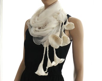 Nuno Felted Scarf merino wool silk floral Nuno felting shawl White -