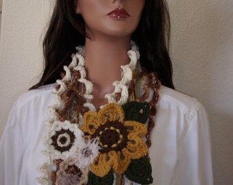 hippie gypsy necklace scarf, freeform crochet art scarf, summer sunflower necklace, unique necklace scarf, art to wear
