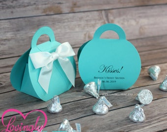Purse Shaped Favor Bags in Light Teal with White Satin Bow | Custom Printed | Aqua | Robins Egg Blue | Designer Inspired | For Any Event