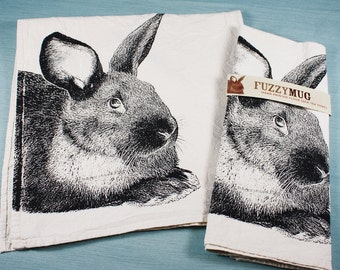 Rabbit Tea Towel in Black, Bunny Tea Towel - Hand Printed Flour Sack Tea Towel (Unbleached Cotton)