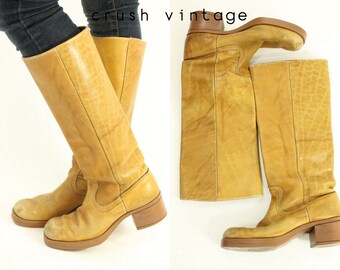 70s Boots Leather Campus 6 / 1970s Boho Knee High Boots / Rock of Ages Boots