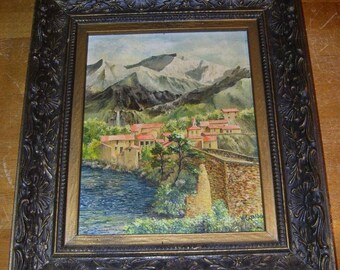 Vintage Oil Painting On Board Signed V.T. Cataldo Frame is 12x14" Town Mountains