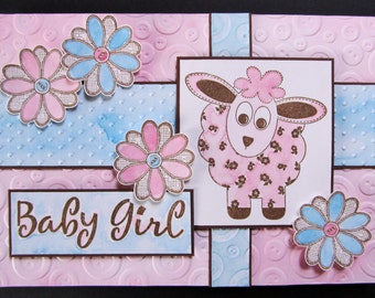 Handmade Baby Girl Card - Pink Lamb, embossed button and dot background in pastel pink & blue, pink and blue daisies.