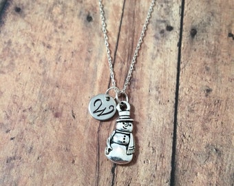 Snowman initial necklace - snowman jewelry, Christmas jewelry, winter necklace, holiday jewelry, Christmas necklace, silver snowman necklace
