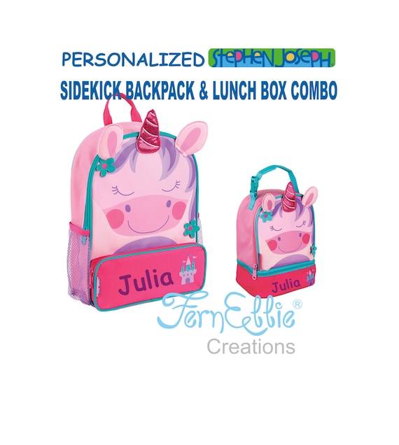 Personalized Stephen Joseph UNICORN Sidekick Backpack and Lunch Pal Combo.