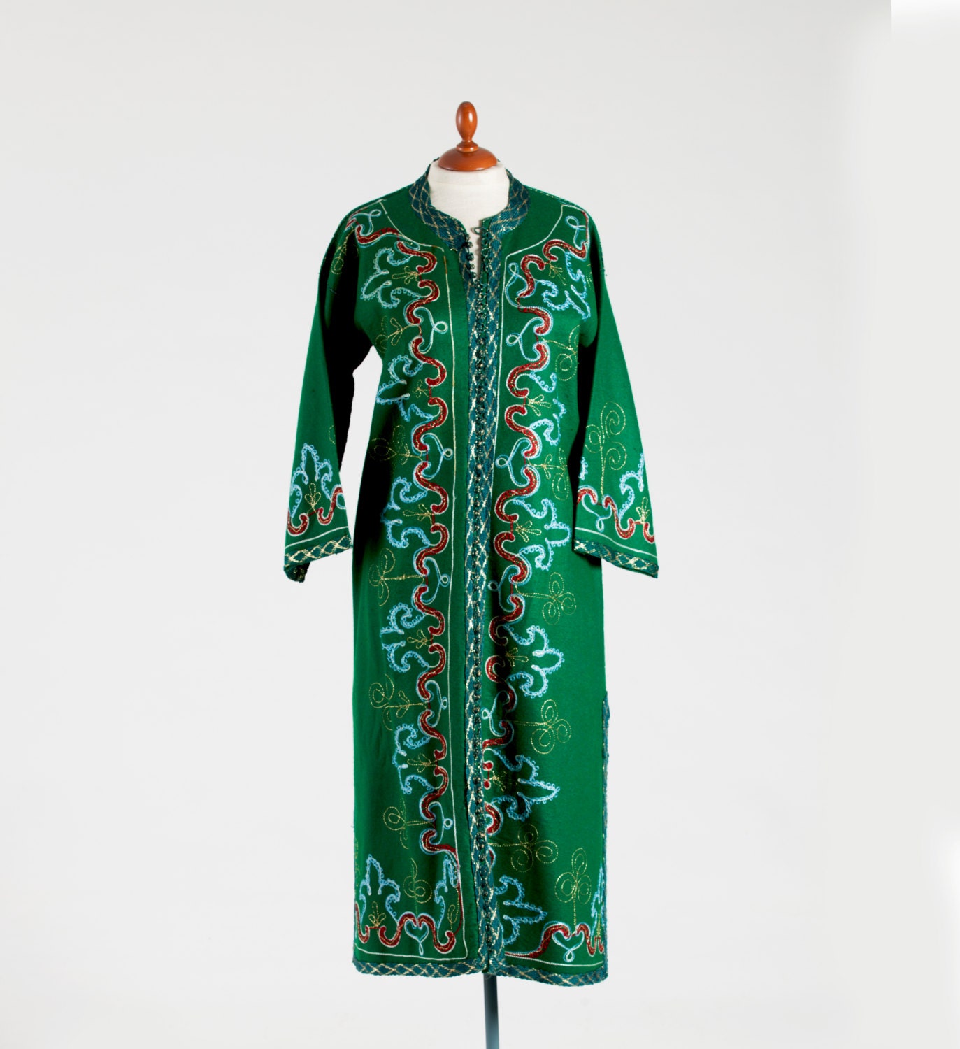  Uzbek embroidery kaftan 1980 Vintage forest green and gold