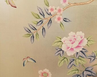 SAMPLE for Chinoiserie handpainted wallpaper on champagne metallic leaf