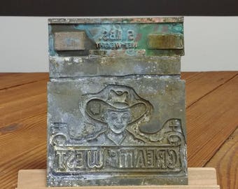 Printer Block; Letterpress; Flour Bag Advertising; Cream of the West; Vintage Industrial; Industrial Farmhouse Antique; Electrotype