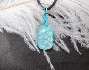 Aqua and Clear Rainbow Dichroic Glass Pendant Wire Wrapped with Swarovski Crystal
