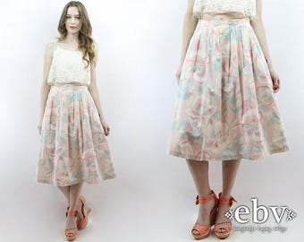 Midi Skirt Knee Skirt Pink Floral Skirt High Waisted Skirt Secretary Skirt 70s Skirt 1970s Skirt Pastel Skirt Pleated Skirt S M