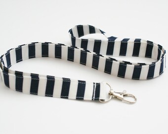 Navy and White Striped Fabric Lanyard with Swivel Clasp - Cute Key Lanyard - Nurse or Teacher Lanyard - 3/4 Inch Wide Key Strap - 19.5 Inch