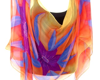 Hand Painted Silk Scarf, Tropical Flowers, Orange Purple Lavender Blue, Floral Silk Chiffon Scarf, Gift For Her