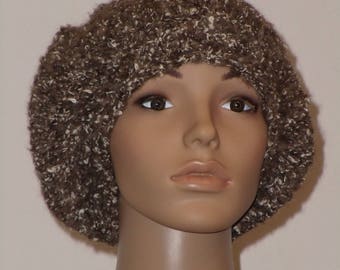 Knitted soft light hood in Brown wool white