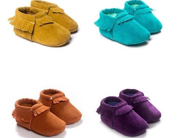 BABY MOCCASINS, baby shoes, fringed moccasins, girls moccasins, pink moccasins, black moccasins, tan moccasins, grey moccasins