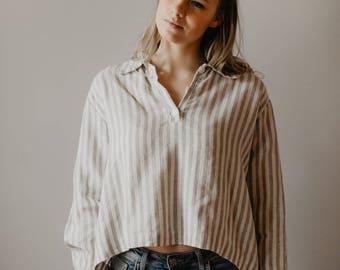 Oversized Crop Top, Oversized Shirt, Striped Linen Shirt, Plus Size Top, Linen Blouse, Linen tunic , Loose Plus Size, Cropped Shirt, Boho