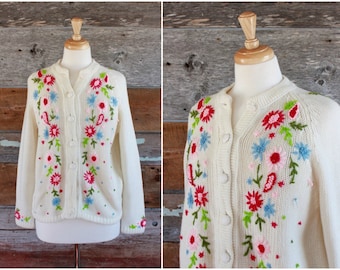 1960s floral embroidered cardigan sweater | 60s spring flowers cardi | size s - m - l