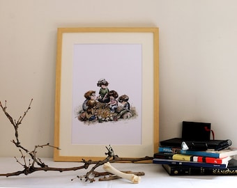 Print. Blade to watercolor. The fire in the forest
