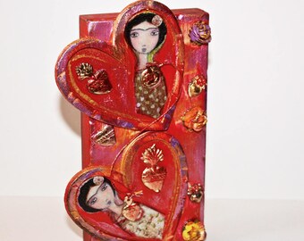 The Two Fridas - Valentine's Wall Art - Folk Art by FLOR LARIOS