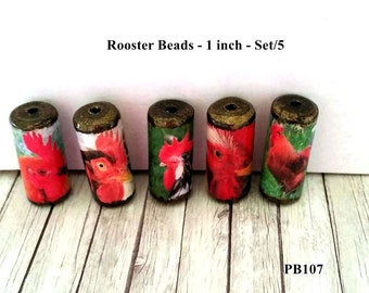 Rooster Chicken Beads - Handmade Paper Tube Beads - - Set/5 - PB107