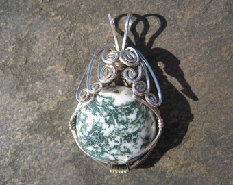 Moss Agate Wire-Wrapped in Argentium Silver