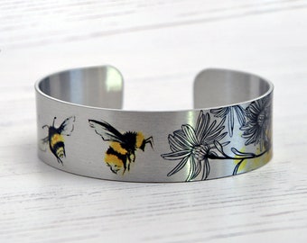 Bee cuff bracelet, insect jewellery, brushed silver metal bangle with bees. Bumble Bee, Honey Bee gifts for her. B533