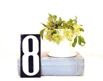 Vintage French Enamel Number Eight Tag Large French Enamel Blue and White House Plaque 6" x 2.75"