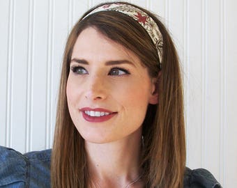 Womens Headband, Fabric Headband, White, Brown, and Red, Floral Headband, Adult Headband, Cotton Headband