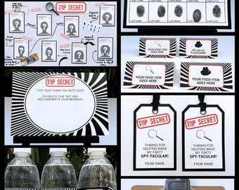 Spy Party Invitations & Decorations - Secret Agent Birthday - full Printable Package - INSTANT DOWNLOAD with EDITABLE text - you personalize