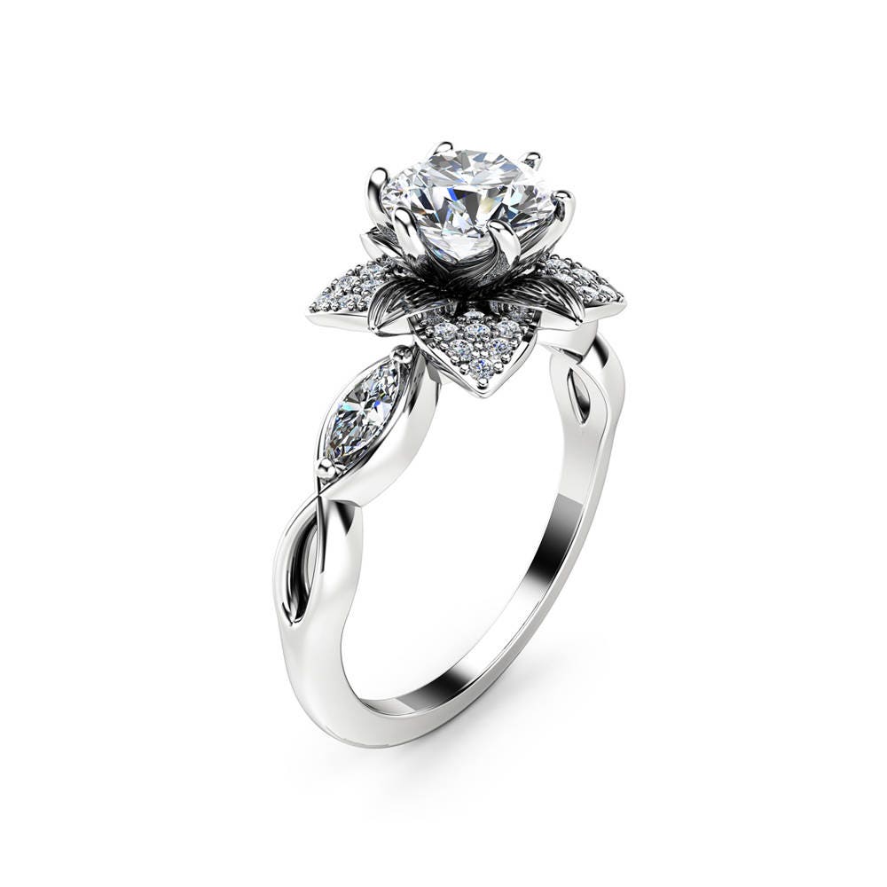 Moissanite Flower Engagement Ring 14K White Gold Flower Ring