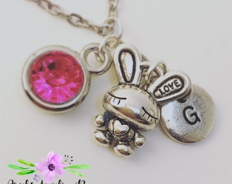 Year of the Rabbit Birthstone Charm Necklace Custom Handmade with optional initial