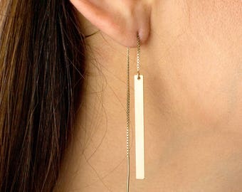 Gold Bar Threader Earrings, Long Dangle Earrings, Dainty Bar Drop Earrings, Sterling Silver, 14k Gold Fill, by LEILAJewelryshop, E204