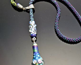 Glass Beaded Lariat, Blue Beaded Kumihimo Lariat, Lampwork Glass beaded Lariat, Kumihimo Lariat
