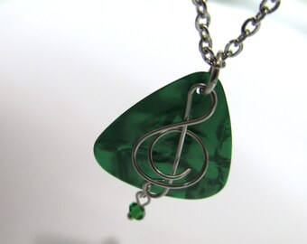 Guitar Pick Necklace with a wire wrapped stainless steel treble clef music note on stainless steel chain