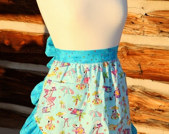 Apron Kitchen Cook Cooking Hostess Pockets Beach Flamingo Flamingos Camping Sunny Colorful Fun Useful Washable Blue Pink Yellow Tie Back