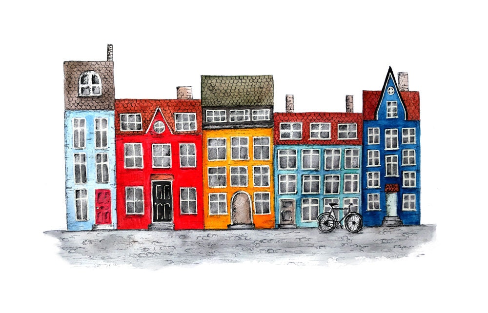 Danish row houses Nyhavn Copenhagen watercolor and pen and