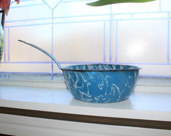 Graniteware Pan Robins Egg Blue and White Vintage Enamelware 1930s