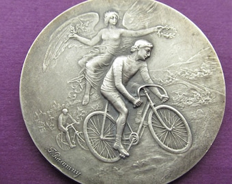 Antique French Angel Of Victory Cyclist 950 Sterling Silver Art Nouveau Medal By Felix Rasumny