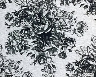 Black Charcoal Floral Silhouettes on Heather Gray Cotton Jersey Blend Knit Fabric