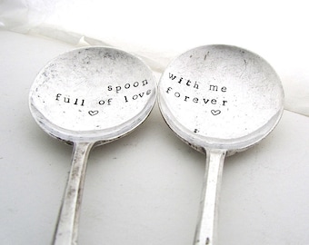 Pair of Love Spoons, Handstamped Vintage Dessertspoons, Spoon Full of Love, Valentines Gift, Hand Stamped Lovers' Spoons