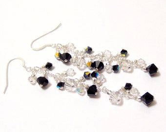 Tuxedo Classic Black and White Swarovski Crystal and Sterling Silver Chain Earrings