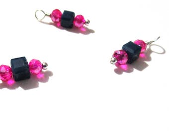 10PC. Navy and Fuchsia Sparkle AB Austrian Crystal Bead Charms//Handmade Bead Charms// Bead Dangle Adorned w/Shiny Silver Tone Plated Accent