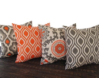 Throw pillow covers 18" x 18" Set Of Four orange gray beige ikat batik cushion cover pillow sham