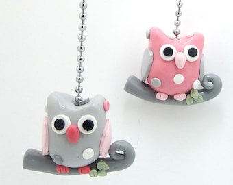 ONE Owl Ceiling Fan Pull - Owl Nursery - Children's Woodland Themed Room Decor - Pink, Gray, and White Polka Dot - Polymer Clay