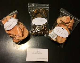 Bundle of doggie treats. 3 packages for one low price. 2packages of organic Sweet Potato chews and one package of Beef & Cheddar drops