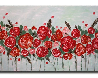 SALE Original Coral Flowers Acrylic Impasto Palette Knife Painting Roses Painting. Size 48 x 24.