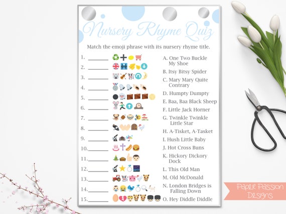 emoji nursery rhyme quiz blue and silver baby shower game