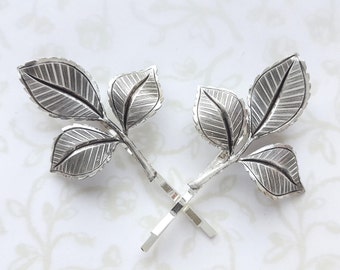 Silver Rose Leaf Bobby Pins, Set of Two, Hair Pins, Bridesmaid Gift, Garden Wedding, Woodland, Hair Grip, Vintage Bridal, Summer, Boho