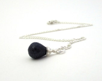 Blue sapphire necklace, September birthstone, sterling silver sapphire pendant, dark blue necklace, navy blue drop pendant, gemstone jewelry