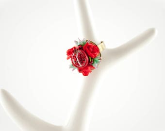 Nature ring Floral ring Photo locket Poison ring Garnet red ring Secret compartment Locket ring Flower jewelry Gift for mom Pomegranate ring