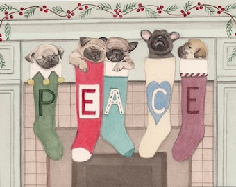12 Christmas cards: Pugs hung by chimney with care / Lynch folk art